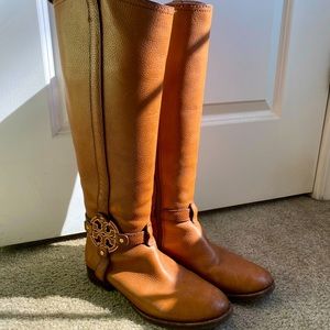 Tory Burch Brown Pebbled Leather Riding Boots